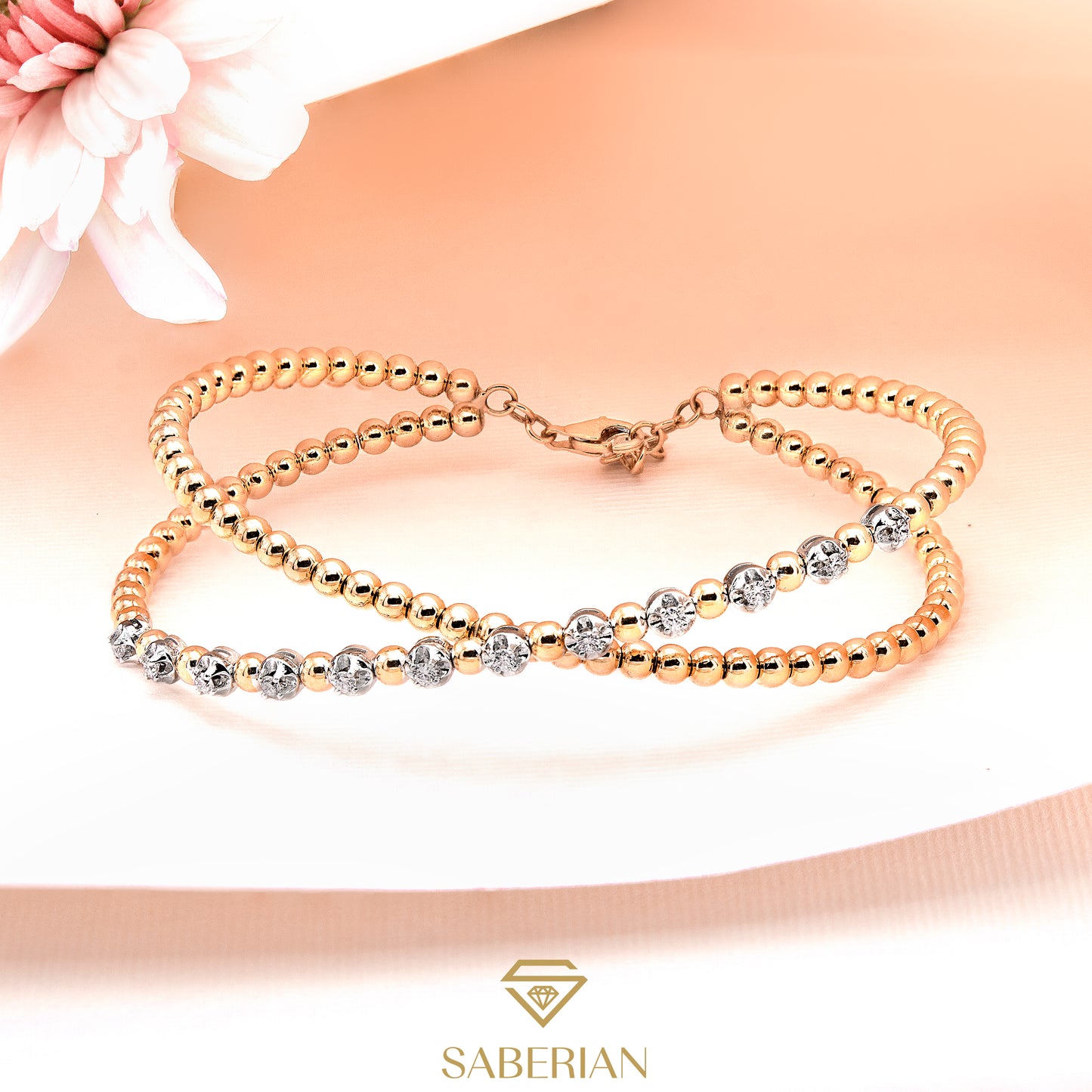 Golden Bead Bracelet with Diamond Accents